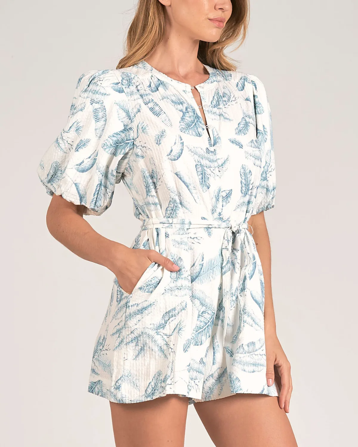 2024 Elan Palm Bubble Sleeve Romper- Tp7124