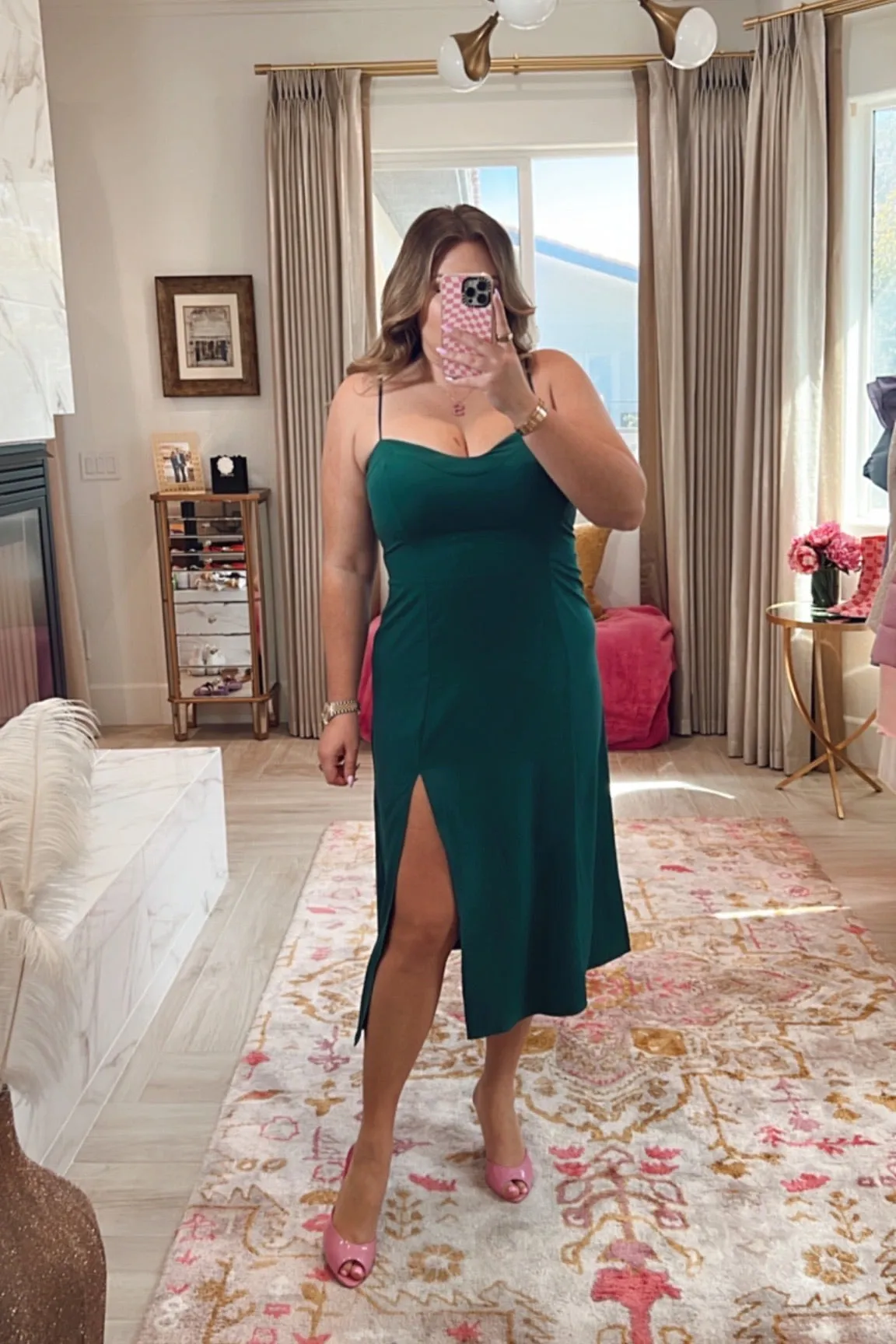 Abercrombie & Fitch Green Satin Smocked Back Front Slit Dress- Size XL (see notes)
