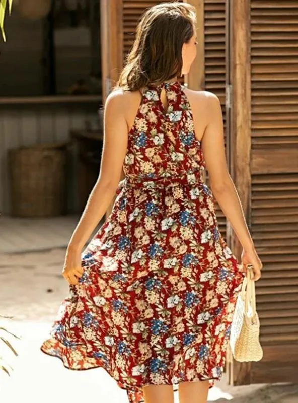 BerryBetty - Burgundy Print Halter Sleeveless Bohemia Midi Dress