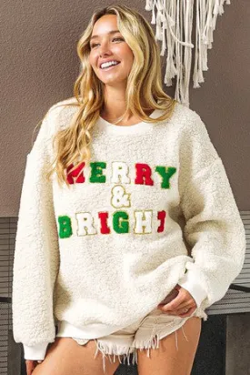 BiBi Christmas Sherpa Pullover with MERRY & BRIGHT Patches in Ivory