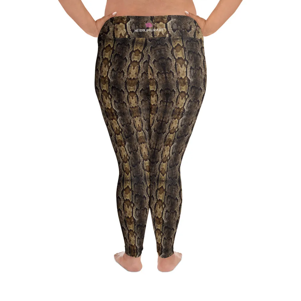 Brown Snake Print Women's Tights, Best Print Plus Size Leggings For Ladies- Made in USA/EU/MX
