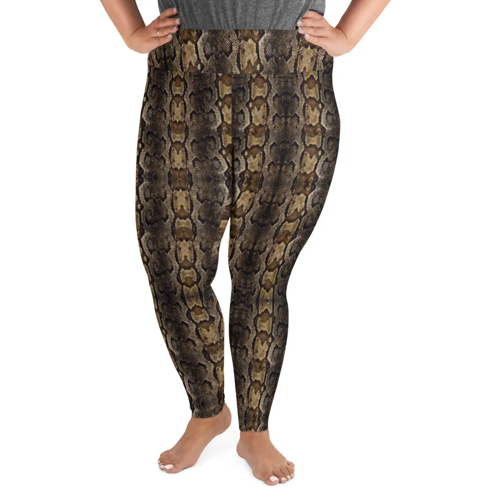 Brown Snake Print Women's Tights, Best Print Plus Size Leggings For Ladies- Made in USA/EU/MX