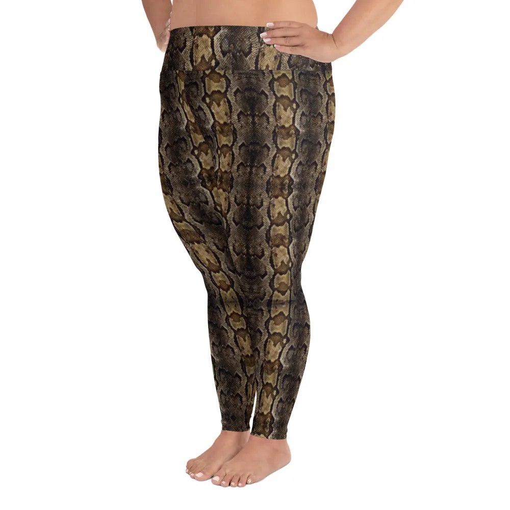 Brown Snake Print Women's Tights, Best Print Plus Size Leggings For Ladies- Made in USA/EU/MX