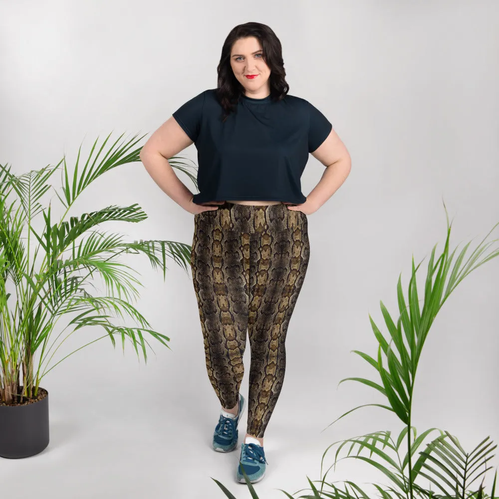 Brown Snake Print Women's Tights, Best Print Plus Size Leggings For Ladies- Made in USA/EU/MX