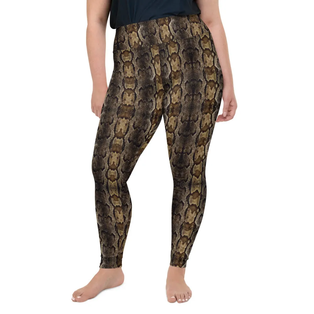 Brown Snake Print Women's Tights, Best Print Plus Size Leggings For Ladies- Made in USA/EU/MX