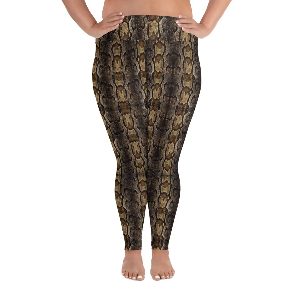 Brown Snake Print Women's Tights, Best Print Plus Size Leggings For Ladies- Made in USA/EU/MX
