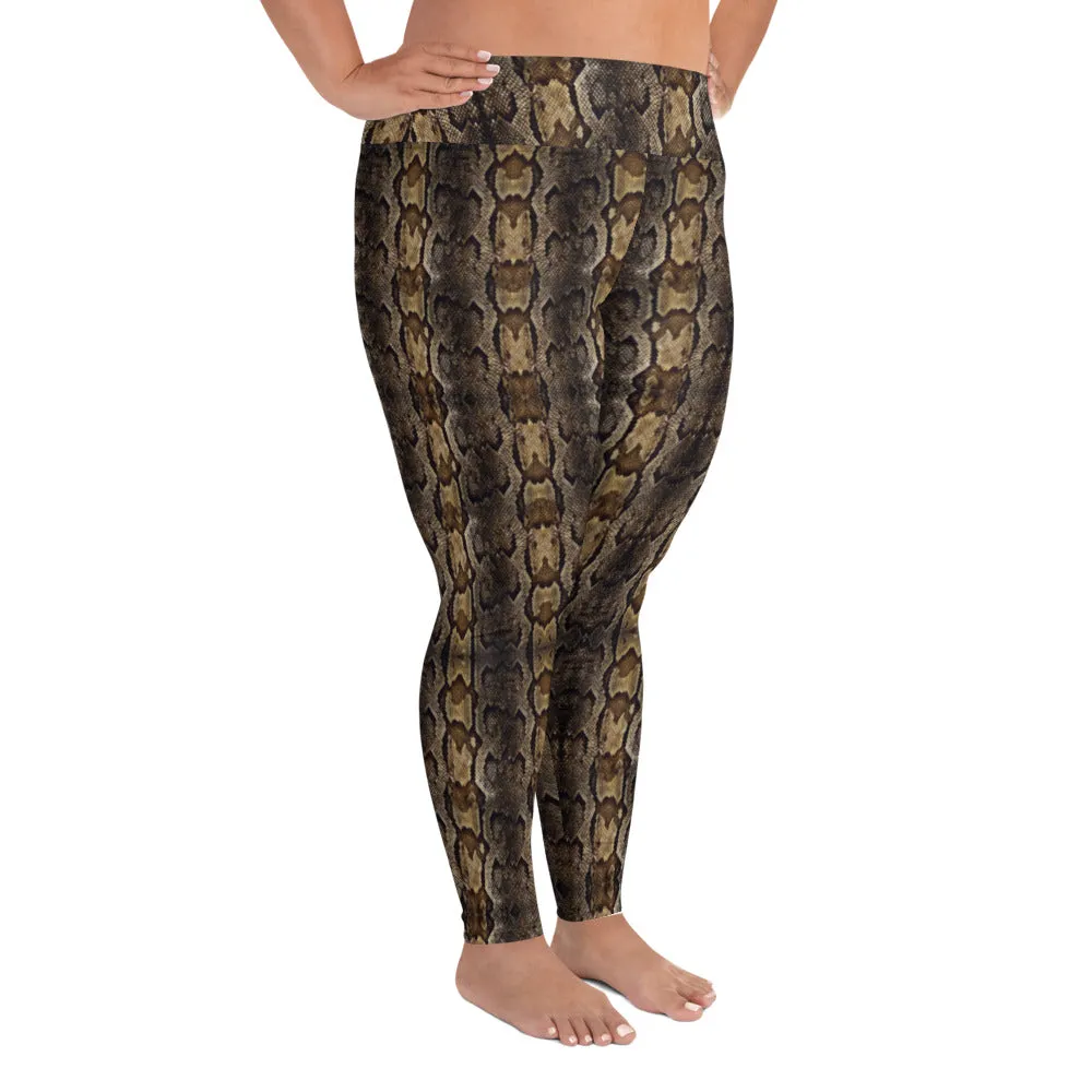 Brown Snake Print Women's Tights, Best Print Plus Size Leggings For Ladies- Made in USA/EU/MX