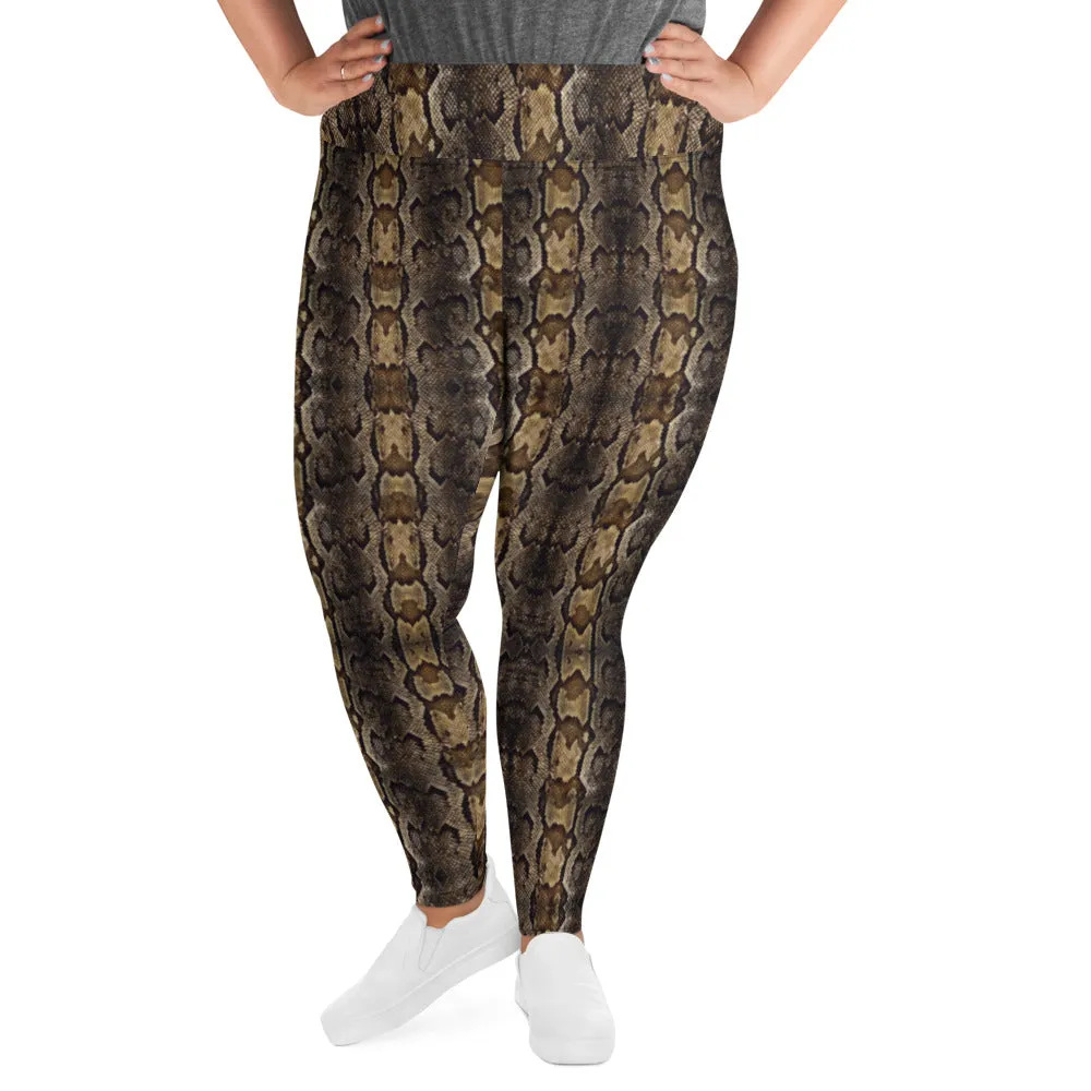 Brown Snake Print Women's Tights, Best Print Plus Size Leggings For Ladies- Made in USA/EU/MX