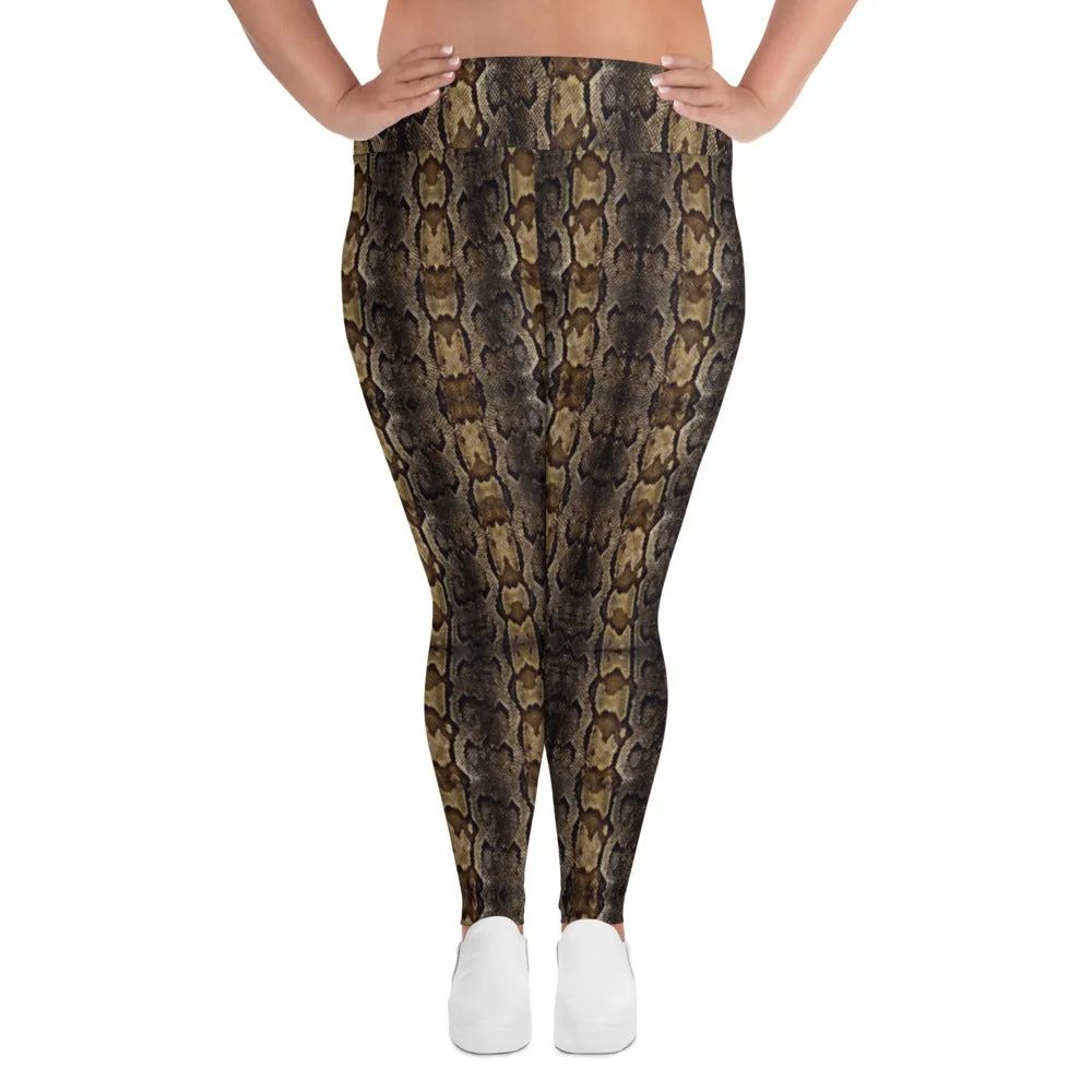 Brown Snake Print Women's Tights, Best Print Plus Size Leggings For Ladies- Made in USA/EU/MX