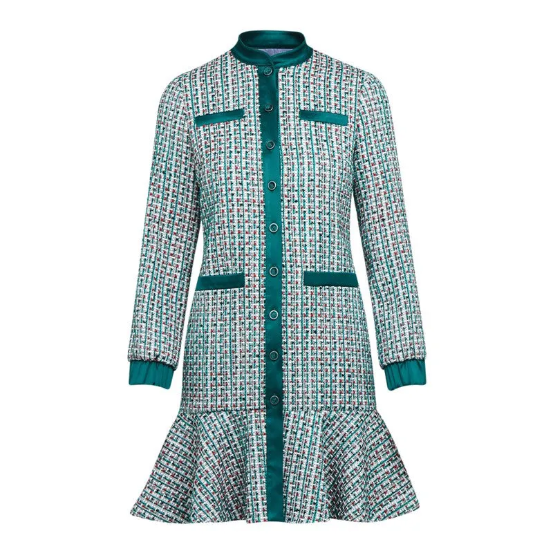 C151 Women Yarn dye tweed long sleeves flounce hem career mini dress