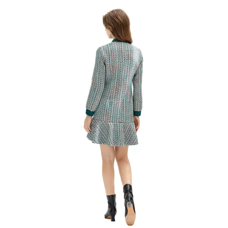 C151 Women Yarn dye tweed long sleeves flounce hem career mini dress