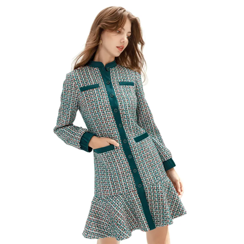 C151 Women Yarn dye tweed long sleeves flounce hem career mini dress