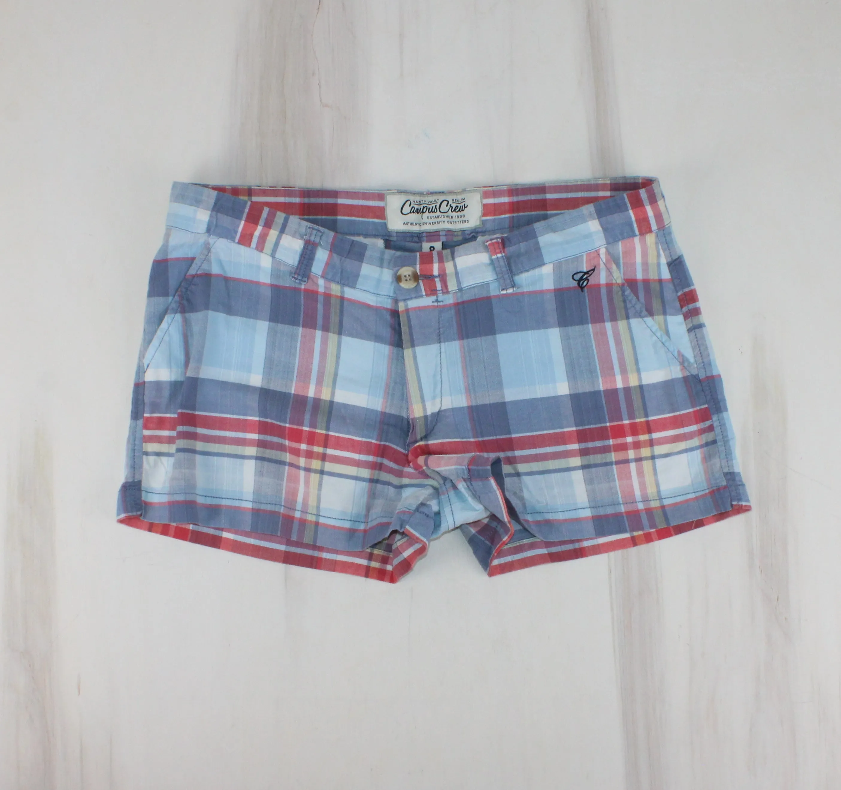 CAMPUS CREW BLUE/MULTI COLOUR PLAID SHORTS LADIES SIZE 8 EUC