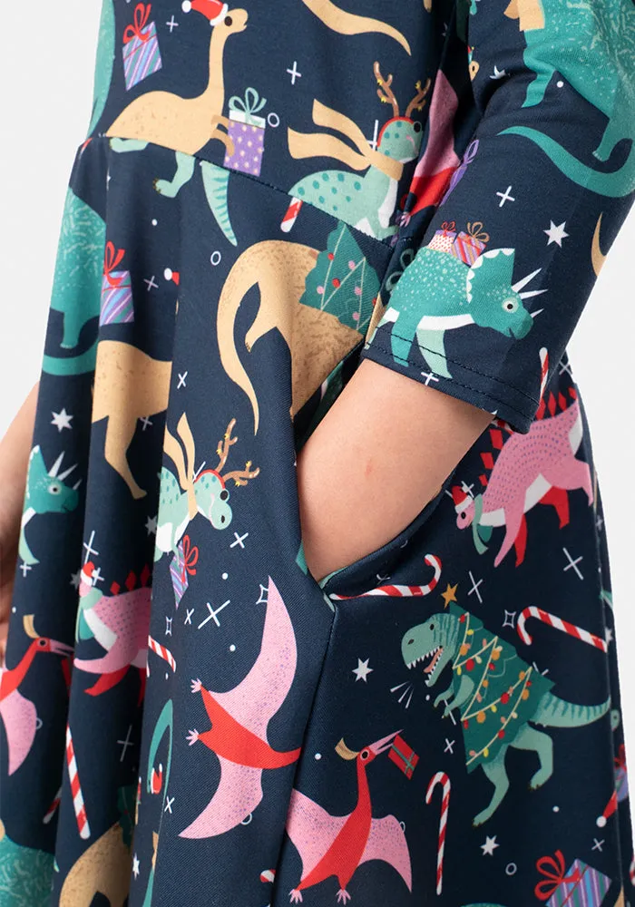 Children's Christmas Dinosaur Print Dress (Merryasaurus)