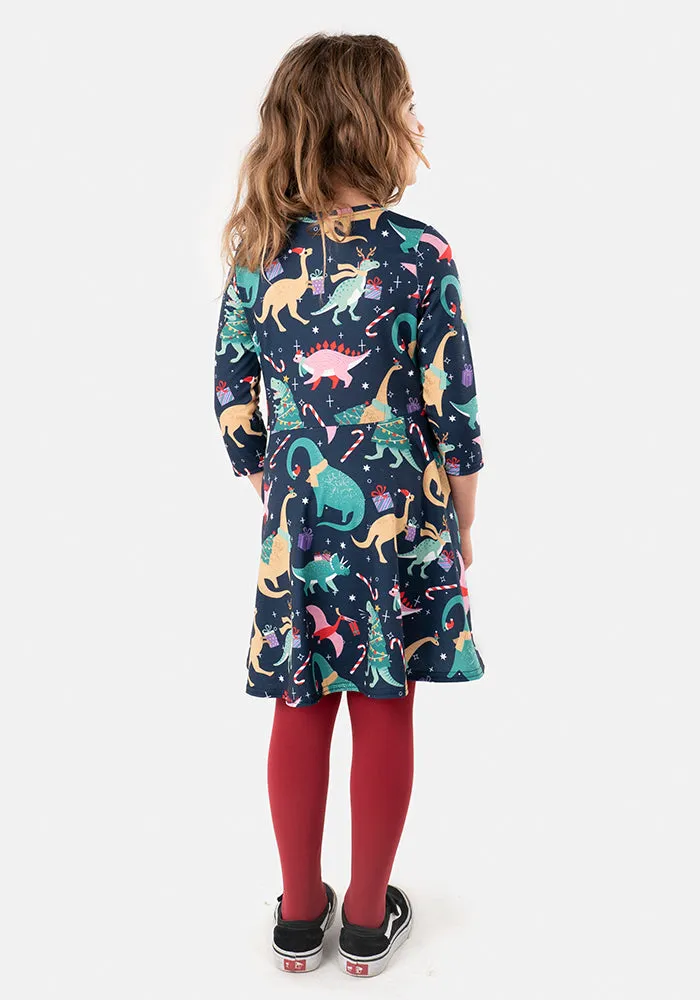 Children's Christmas Dinosaur Print Dress (Merryasaurus)