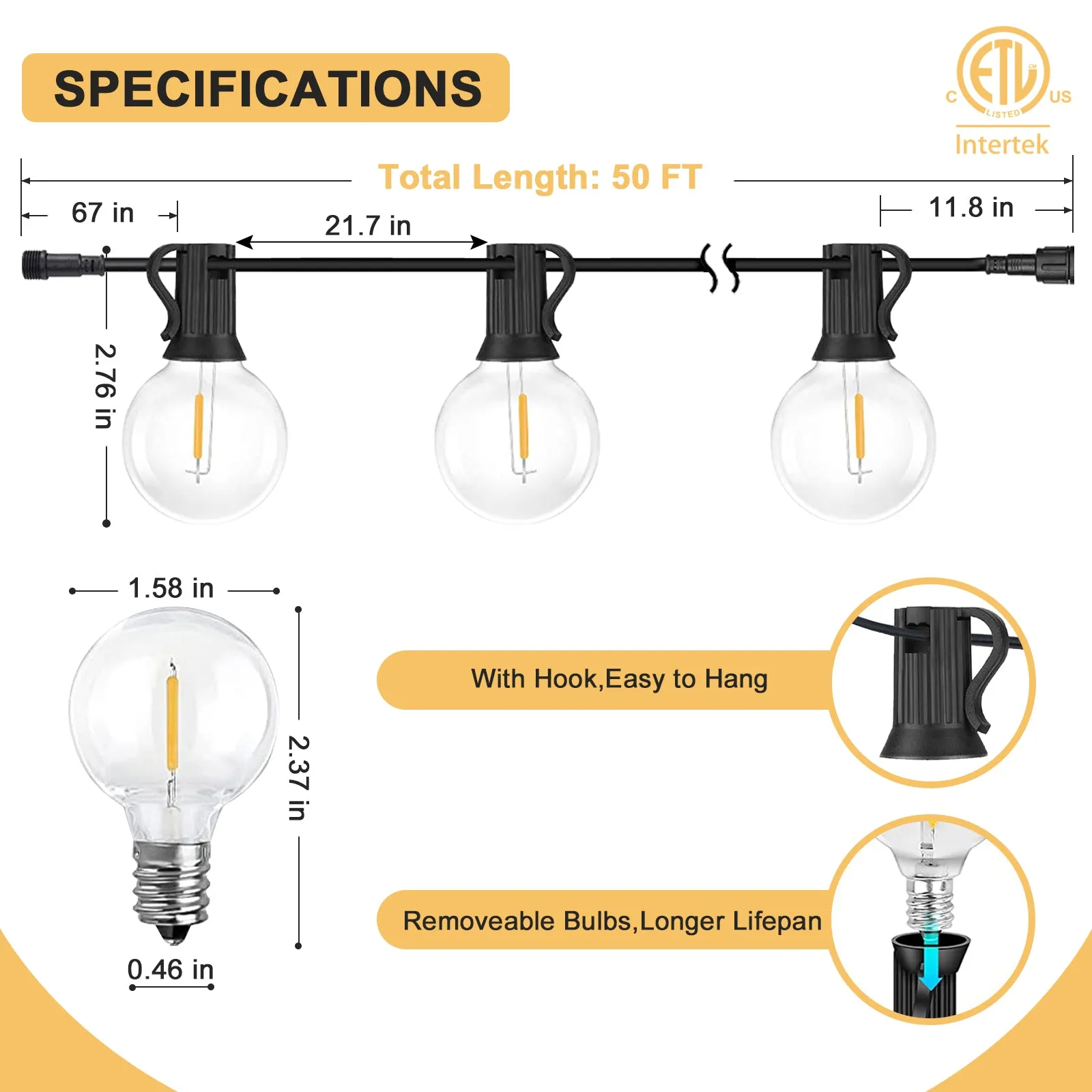 COOS BAY Solar Powered String Lights 50 Feet G40 with 25 Shatterproof Bulbs (2 Spare), 2700K