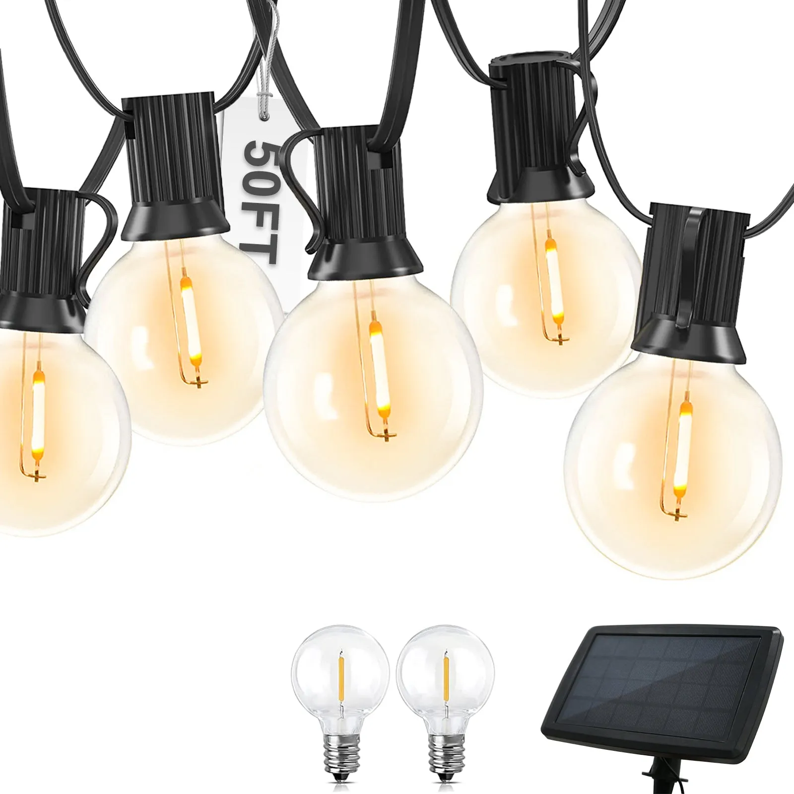 COOS BAY Solar Powered String Lights 50 Feet G40 with 25 Shatterproof Bulbs (2 Spare), 2700K