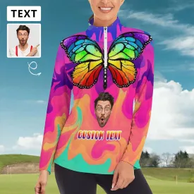 Custom Face Colorful Butterfly Sweatshirt Personalized Women's Half Zip Top Sports Long Sleeve Sweatshirt