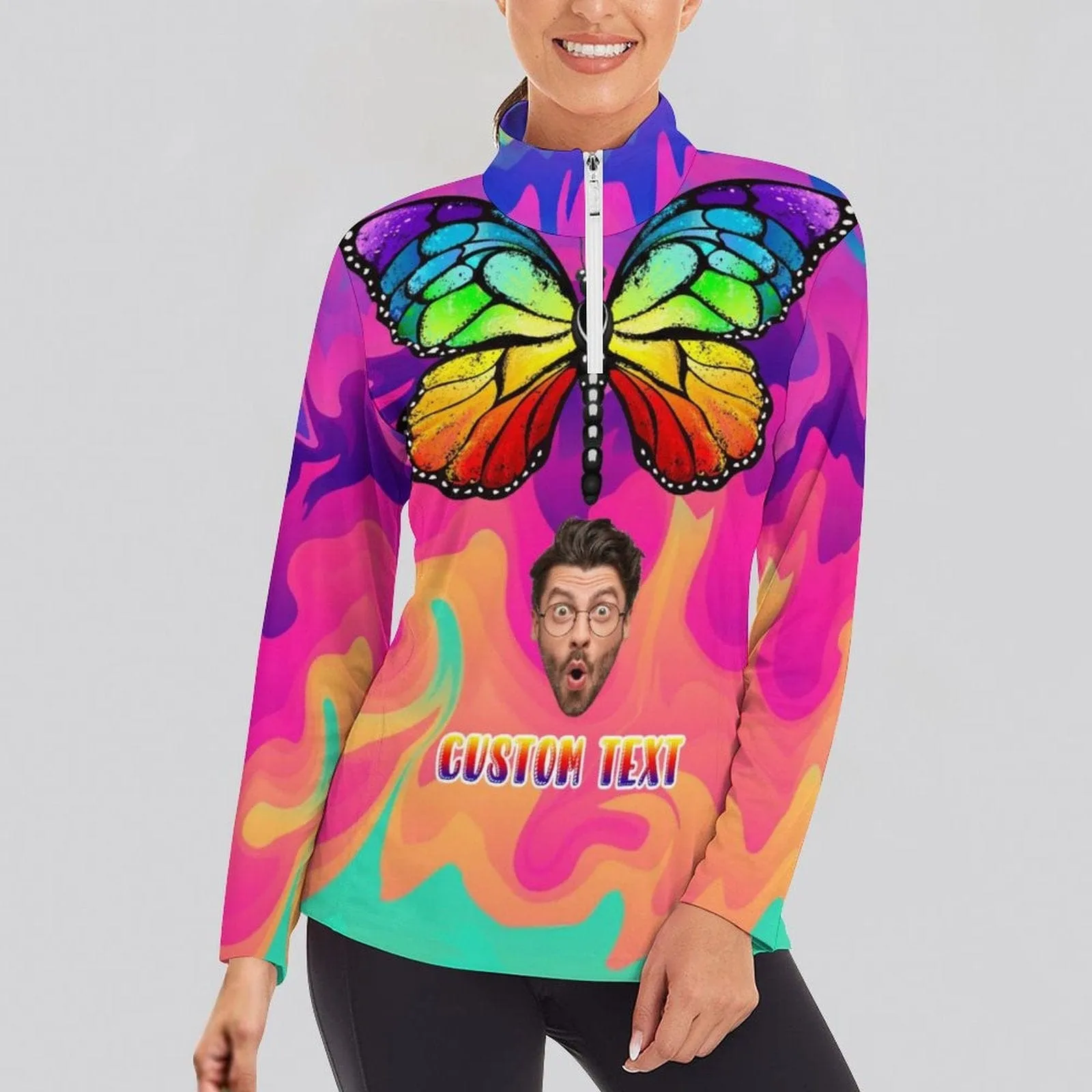 Custom Face Colorful Butterfly Sweatshirt Personalized Women's Half Zip Top Sports Long Sleeve Sweatshirt