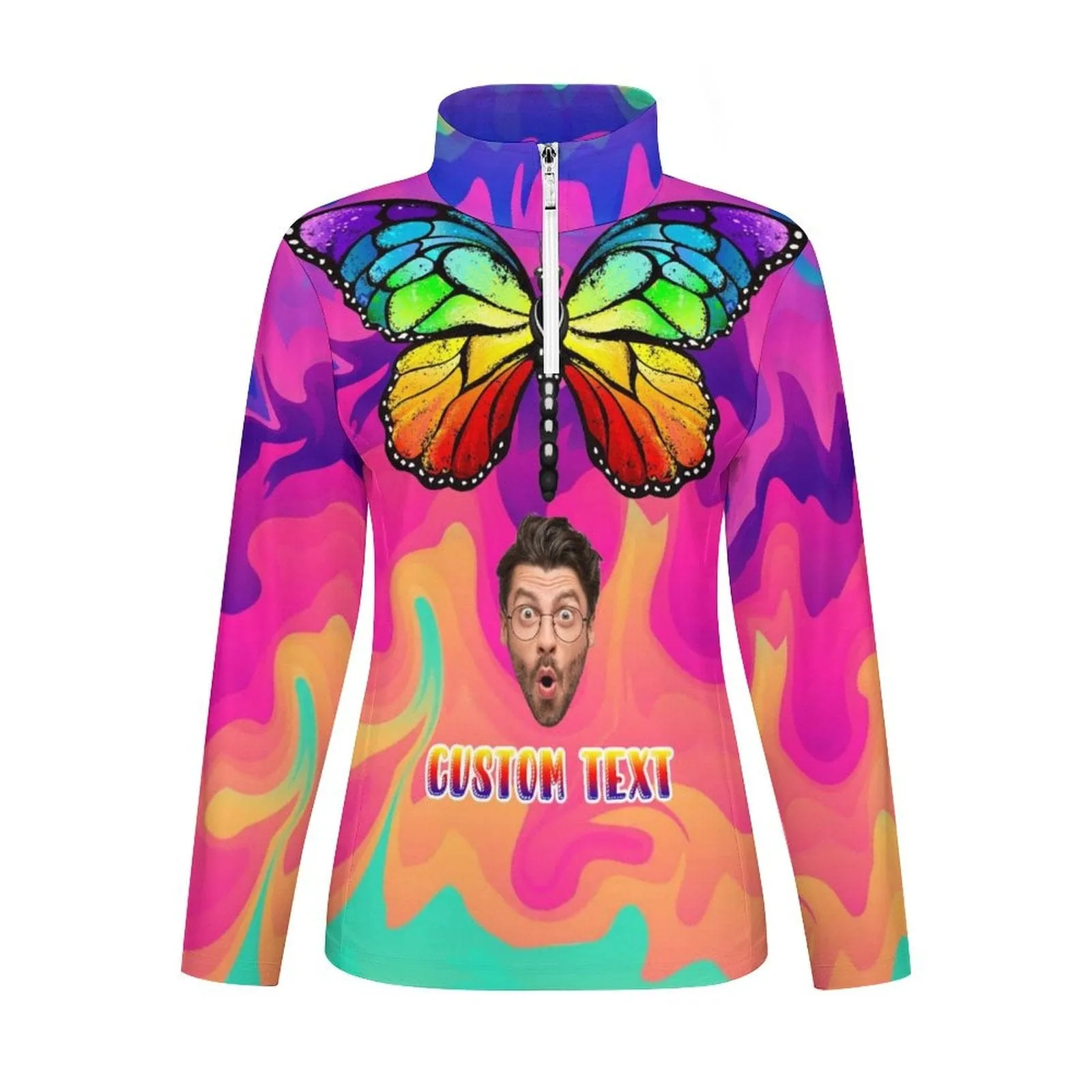 Custom Face Colorful Butterfly Sweatshirt Personalized Women's Half Zip Top Sports Long Sleeve Sweatshirt