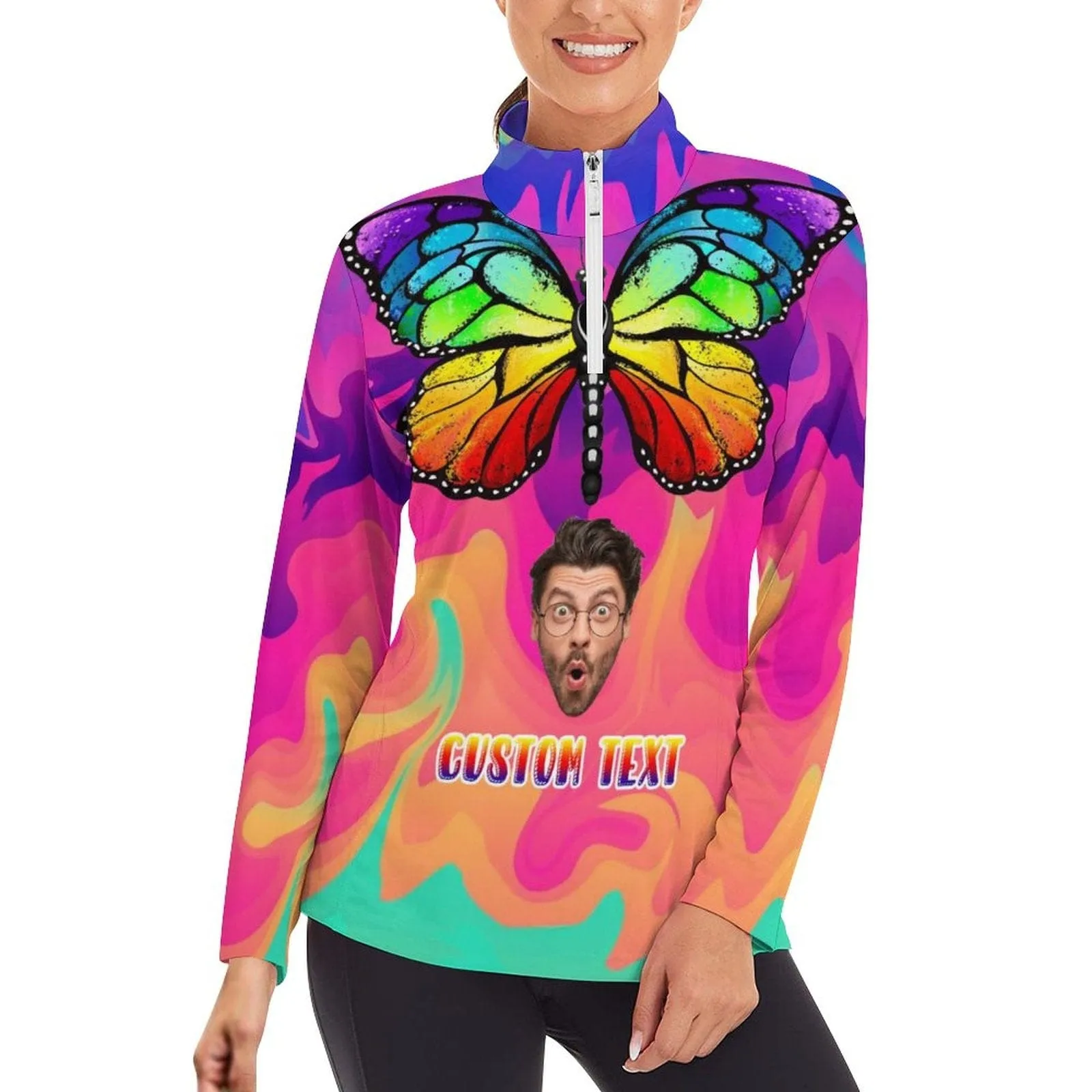 Custom Face Colorful Butterfly Sweatshirt Personalized Women's Half Zip Top Sports Long Sleeve Sweatshirt