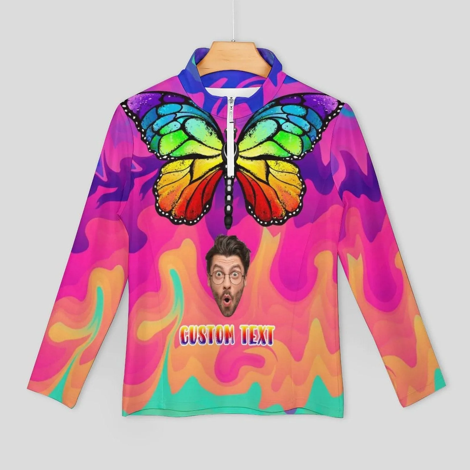 Custom Face Colorful Butterfly Sweatshirt Personalized Women's Half Zip Top Sports Long Sleeve Sweatshirt
