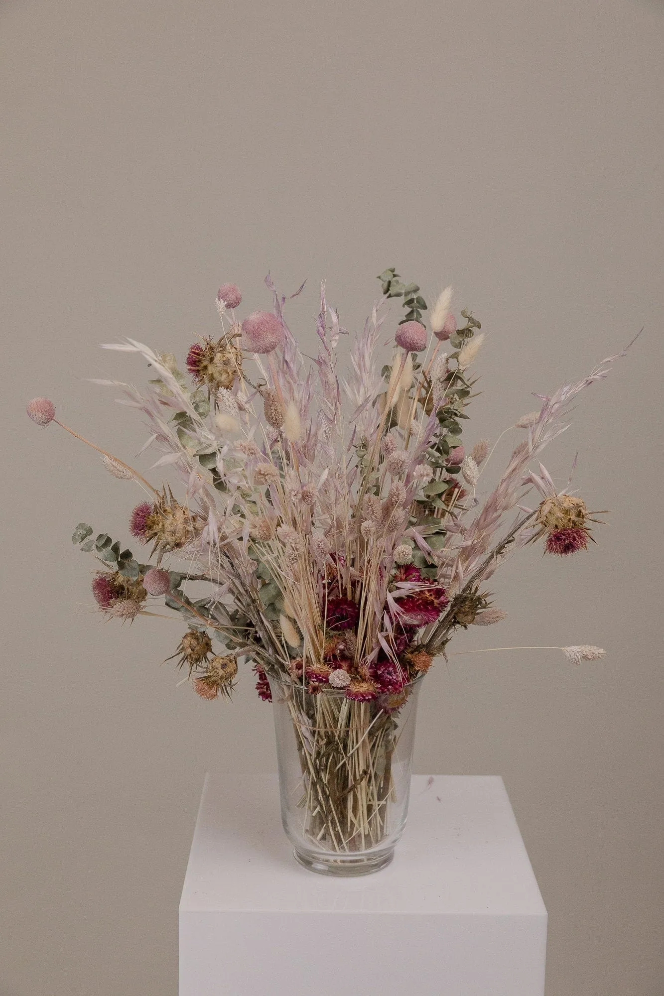 Dried Purple Artichoke & Pastel Lilac Dried Flowers, Pale Eucalpytus Wildflower Loose Stems Boho Wedding Decoration Home Decoration