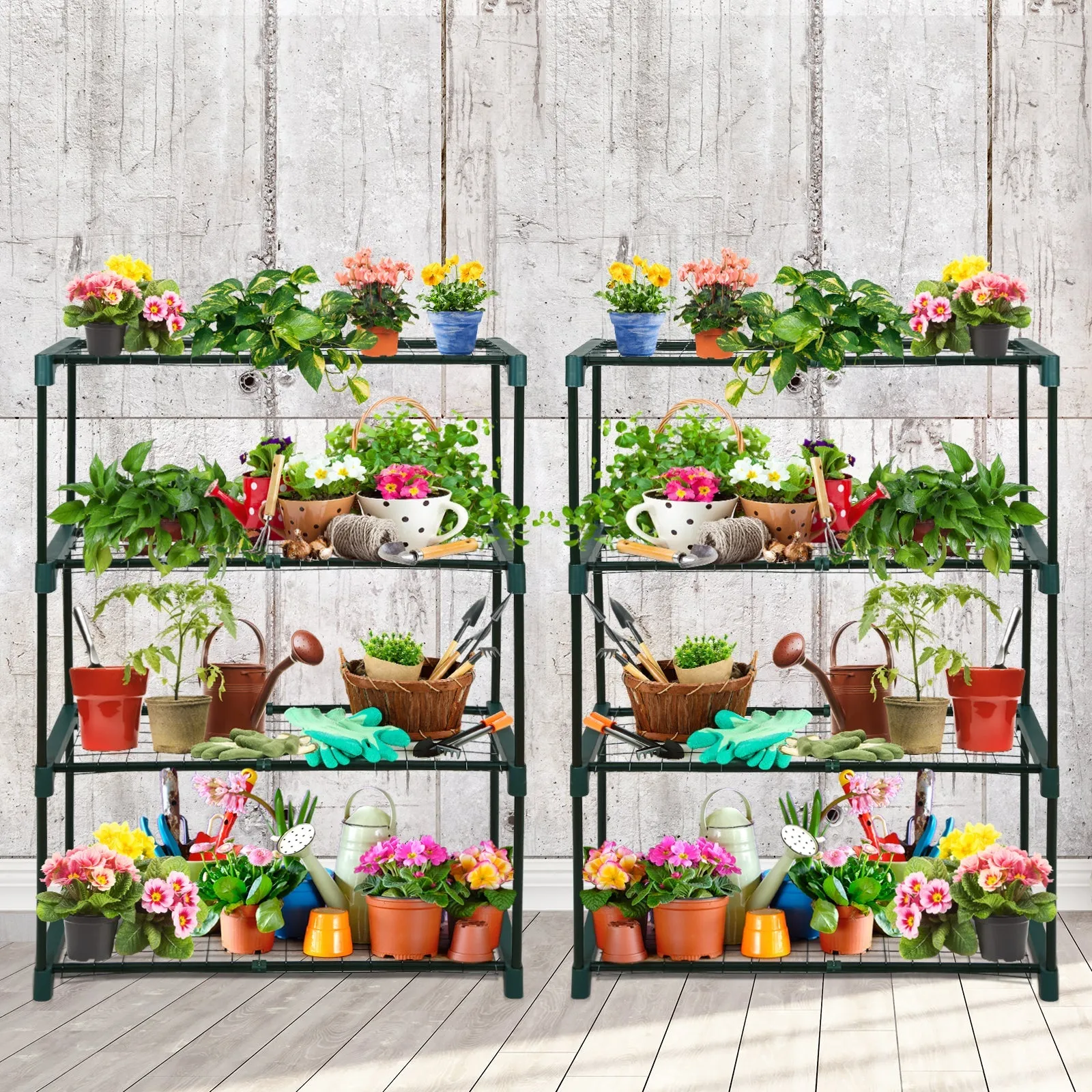 EAGLE PEAK Greenhouse Shelving Staging Double 4 Tier, Outdoor / Indoor Plant Shelves, 30" x 12" x 42", Green