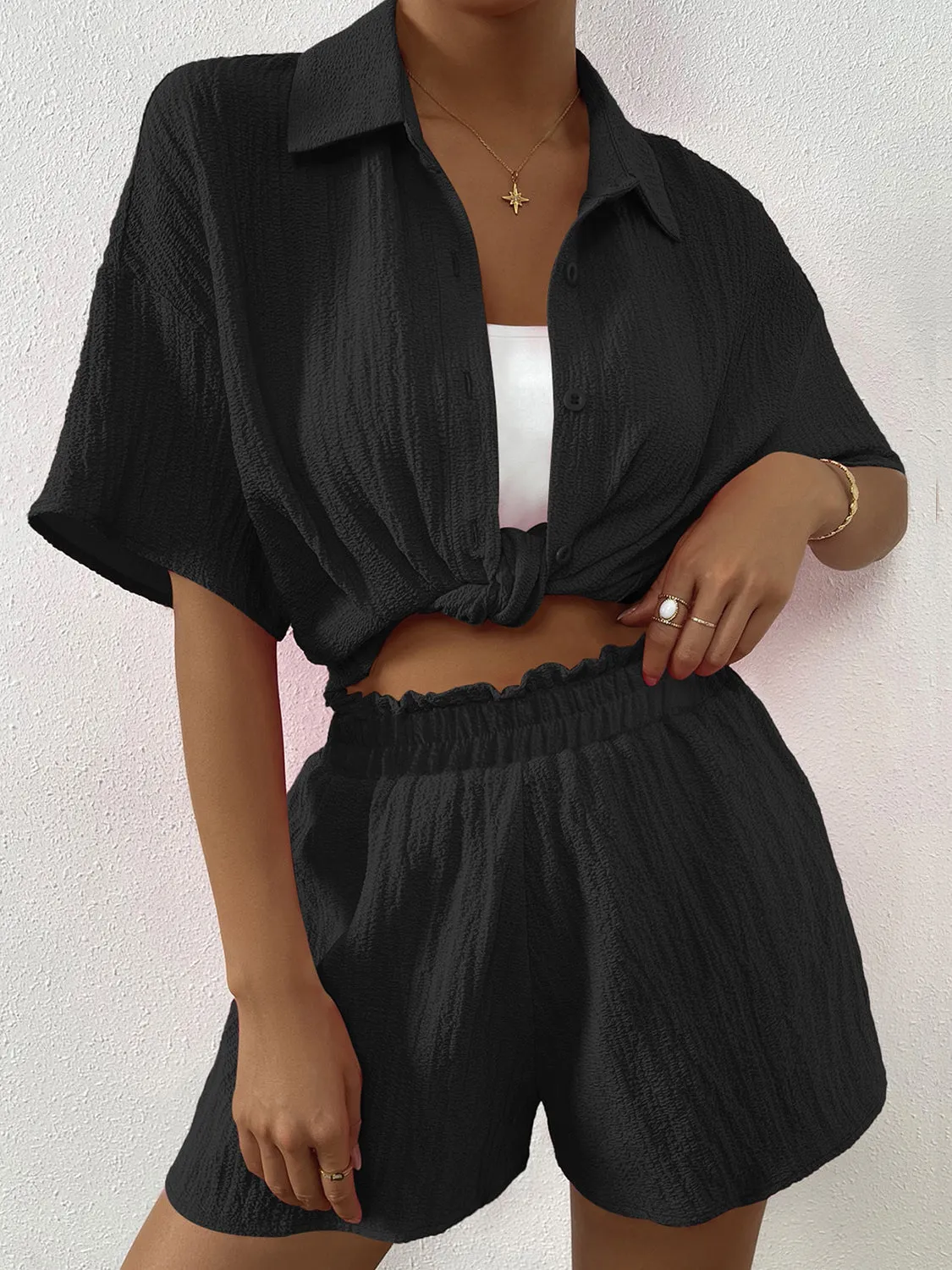 Explore More Collection - Button Up Half Sleeve Top and Shorts Set