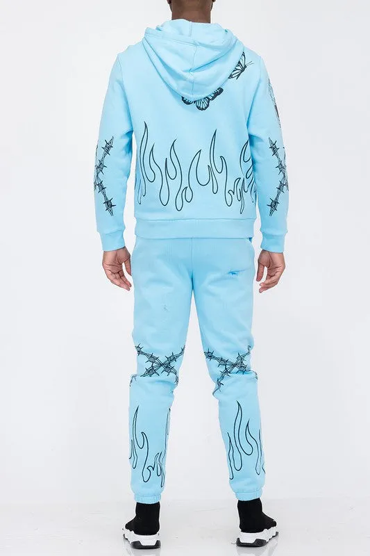 Flame Fire Chenille Hoodie Sweat Tracksuit Set