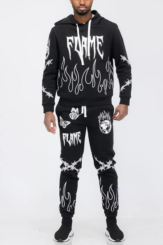 Flame Fire Chenille Hoodie Sweat Tracksuit Set