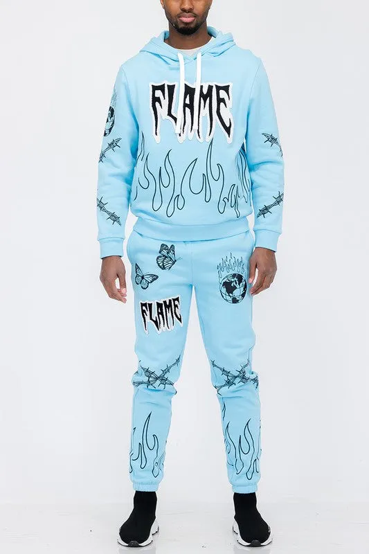 Flame Fire Chenille Hoodie Sweat Tracksuit Set