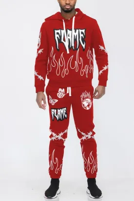 Flame Fire Chenille Hoodie Sweat Tracksuit Set