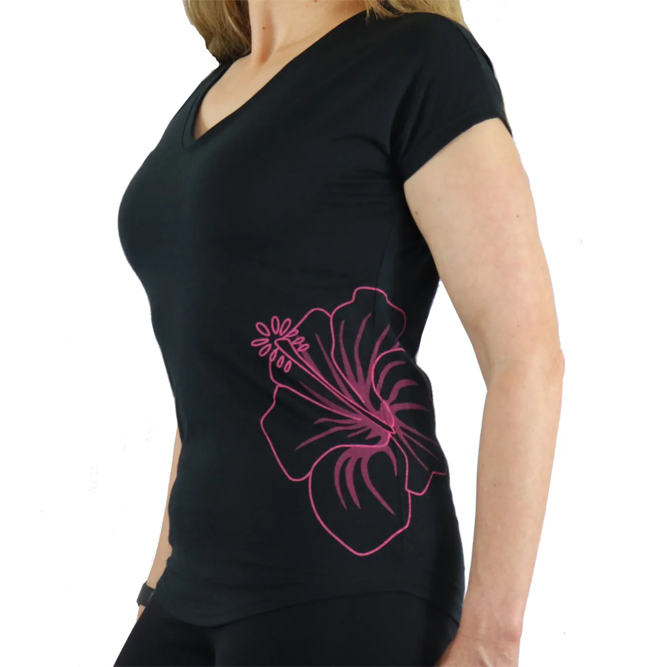 Hawaiian Hibiscus Tattoo Semi Fitted Short Sleeve Triblend T Shirt in Pink and Black