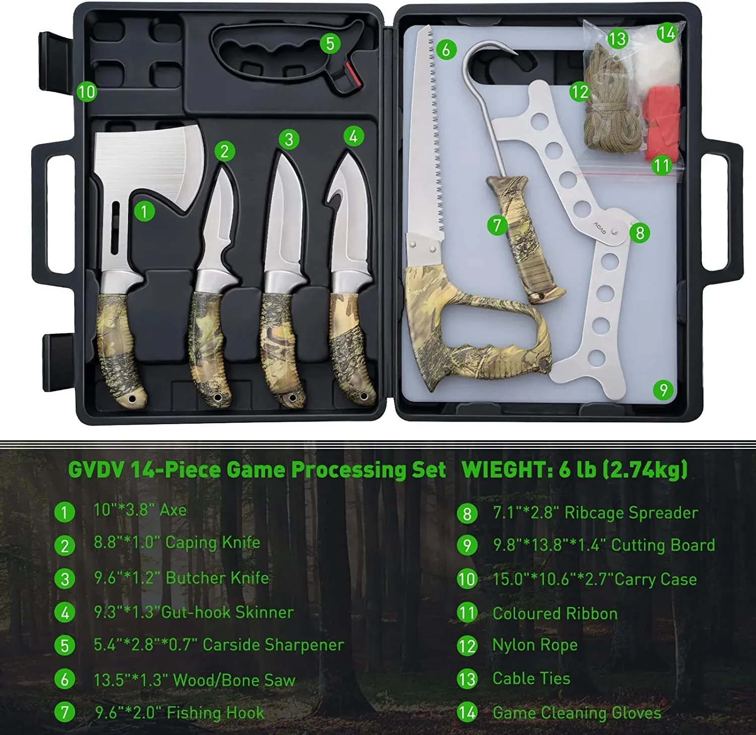 Hunting Knife Set, GVDV Field Dressing Gear Accessories Set for Hunting, Fishing, Camping, 14 Pieces