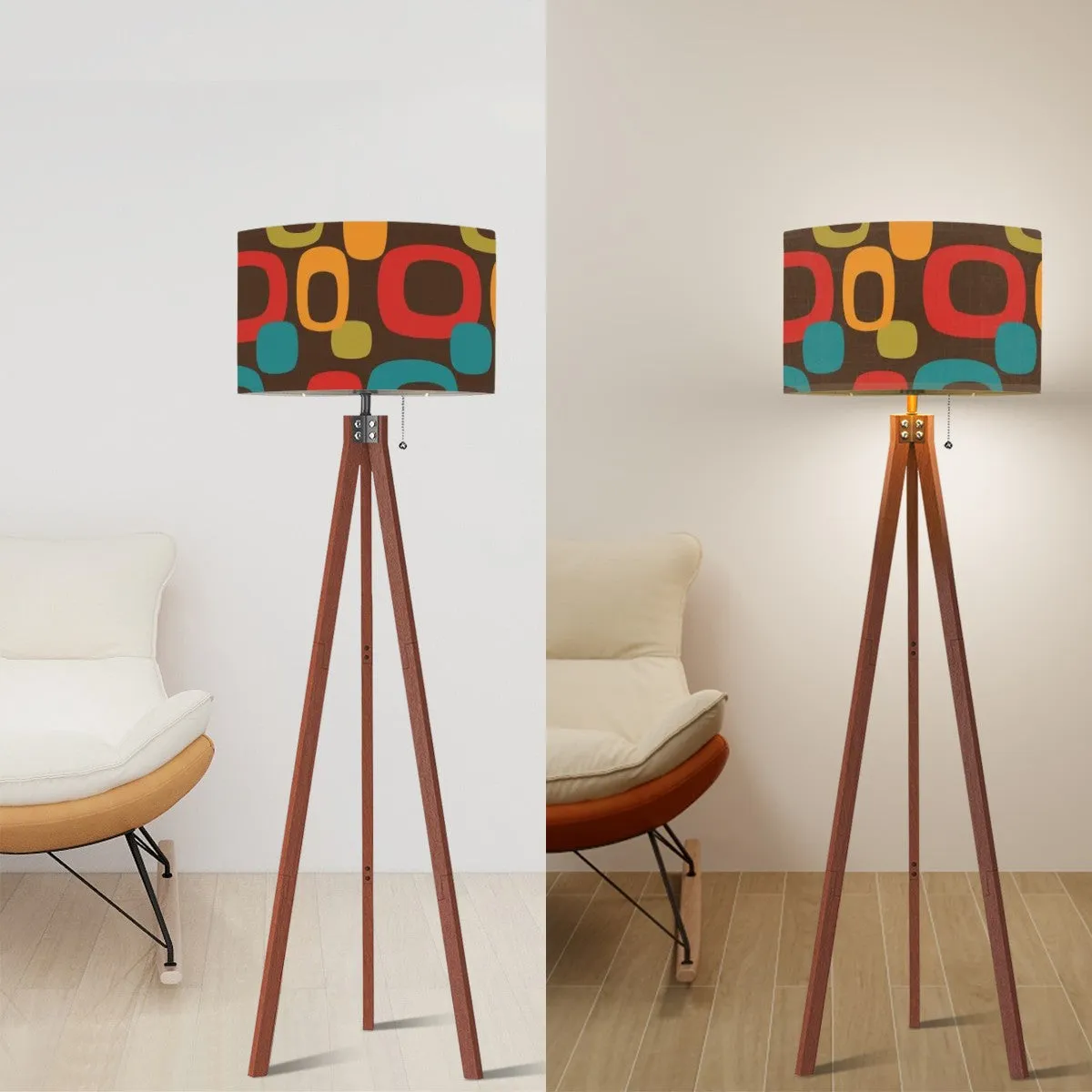 Mid Mod Chocolate Brown, Groovy Geometric Designed, Retro Tripod Floor Lamp