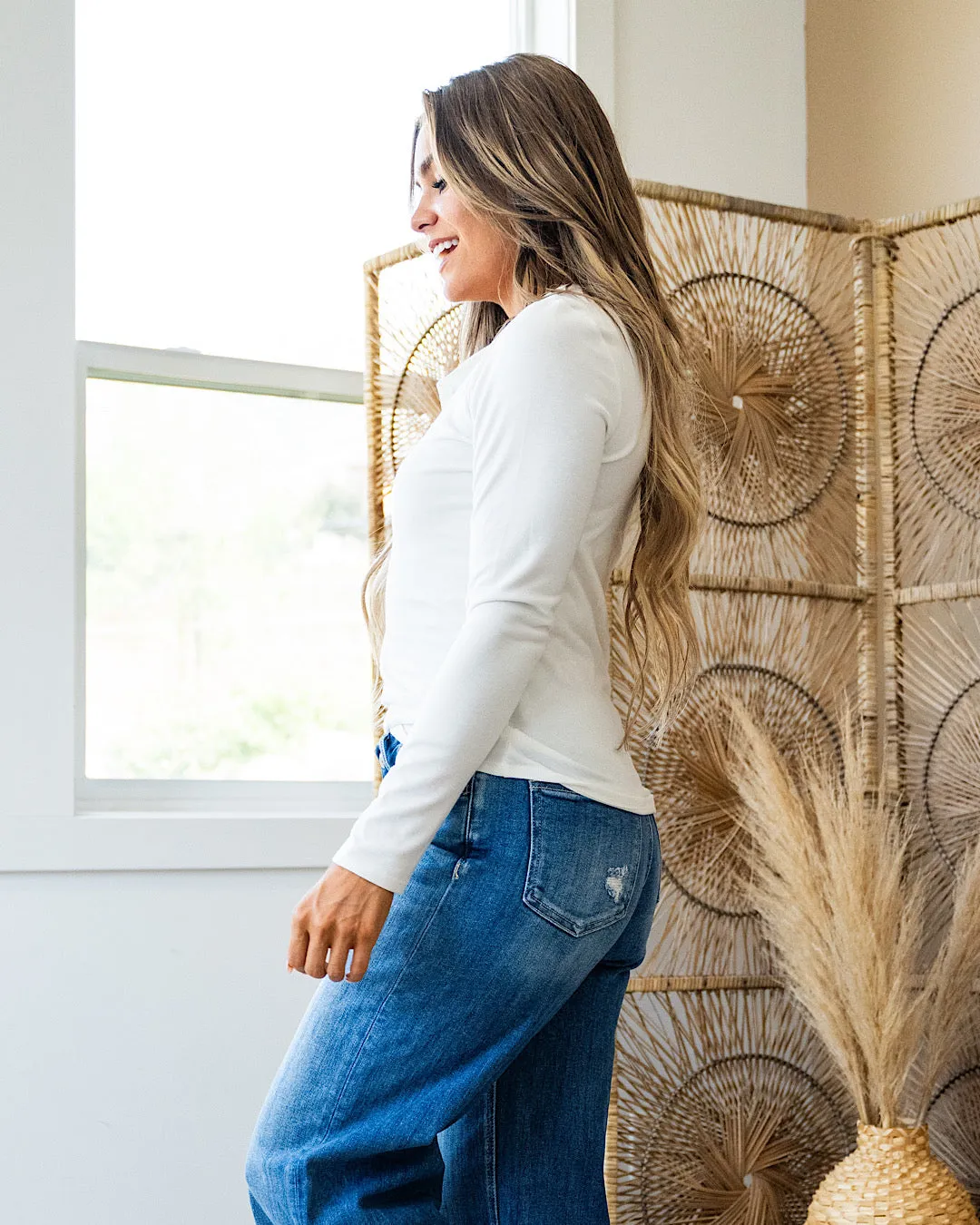 NEW! Dani Notched Neck Long Sleeve Top - Ivory