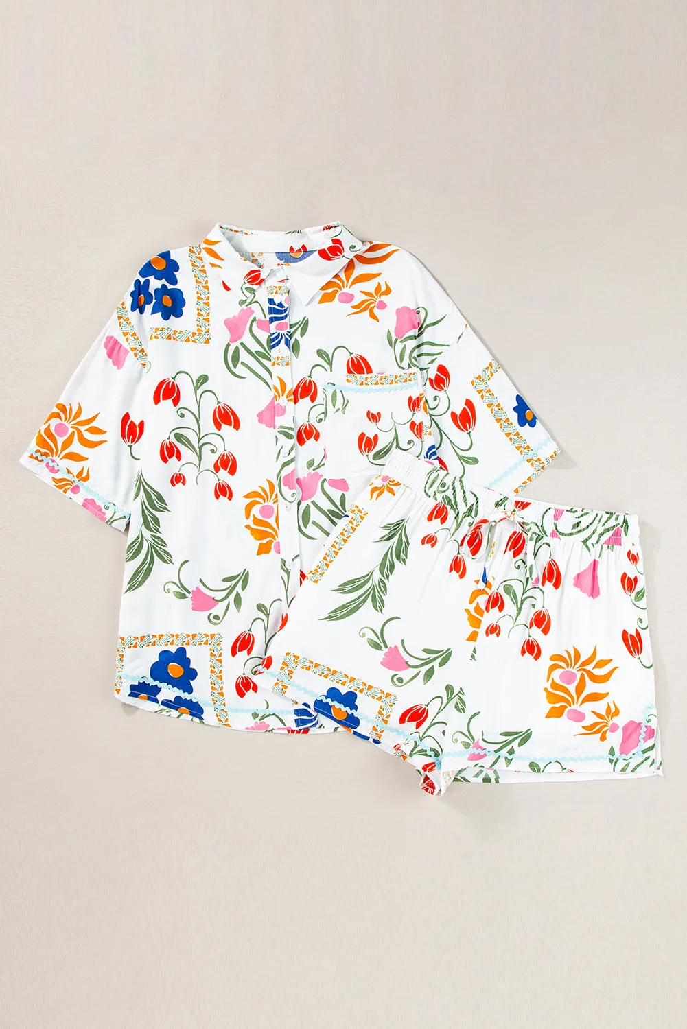 Pink Ricrac Trim Floral Short Sleeve Shirt and Shorts Outfit