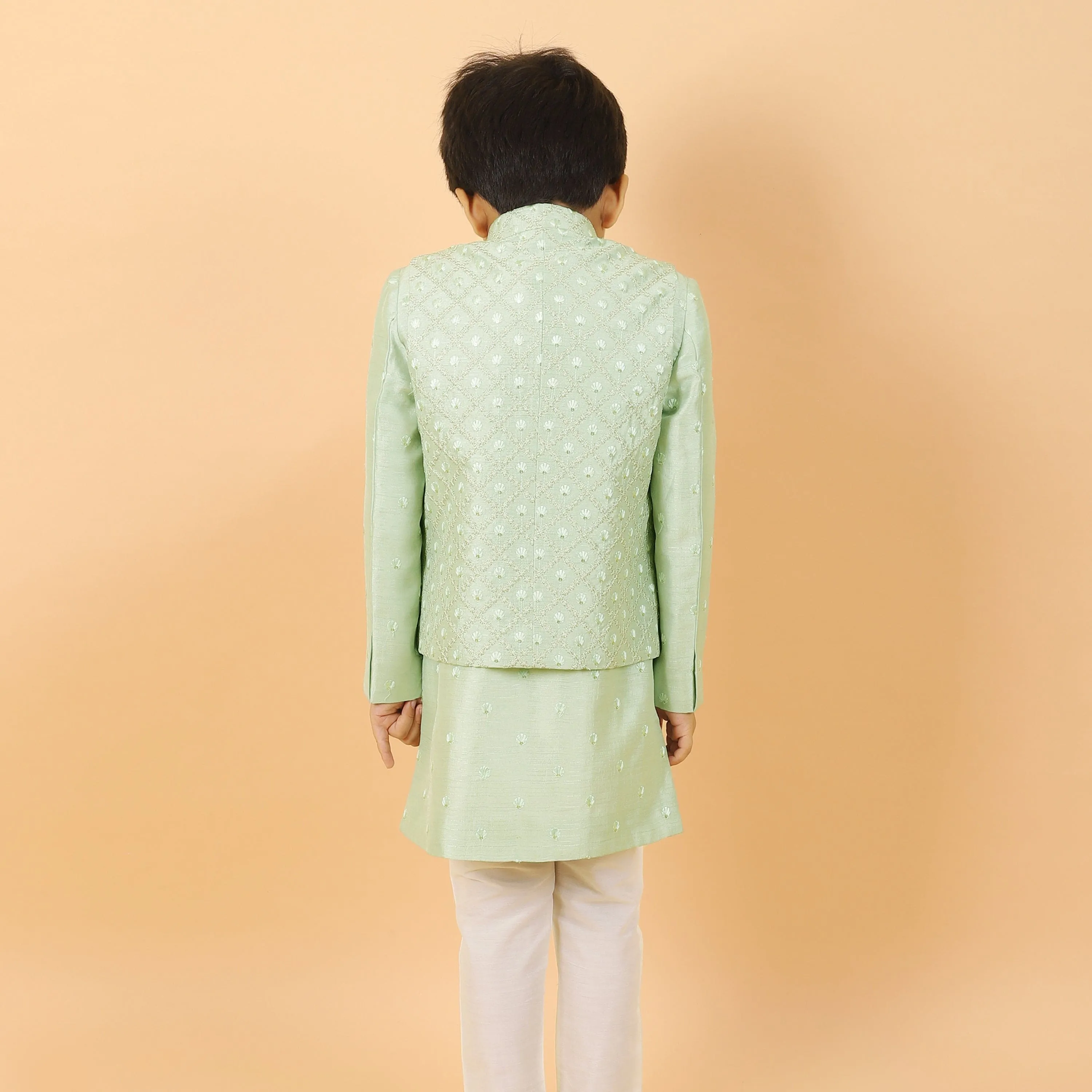 Pre-Order : PISTA GREEN BANDI SET WITH SELF DESIGNED BANDI AND KURTA  for Boys