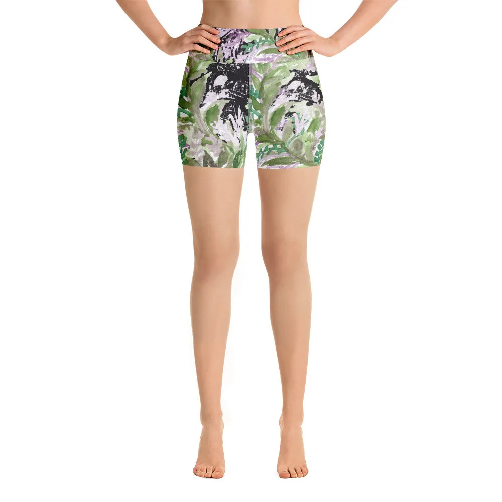 Purple French Lavender Yoga Shorts, Colorful High Waist Floral Flower Print Women's Tights