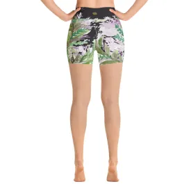 Purple French Lavender Yoga Shorts, Colorful High Waist Floral Flower Print Women's Tights