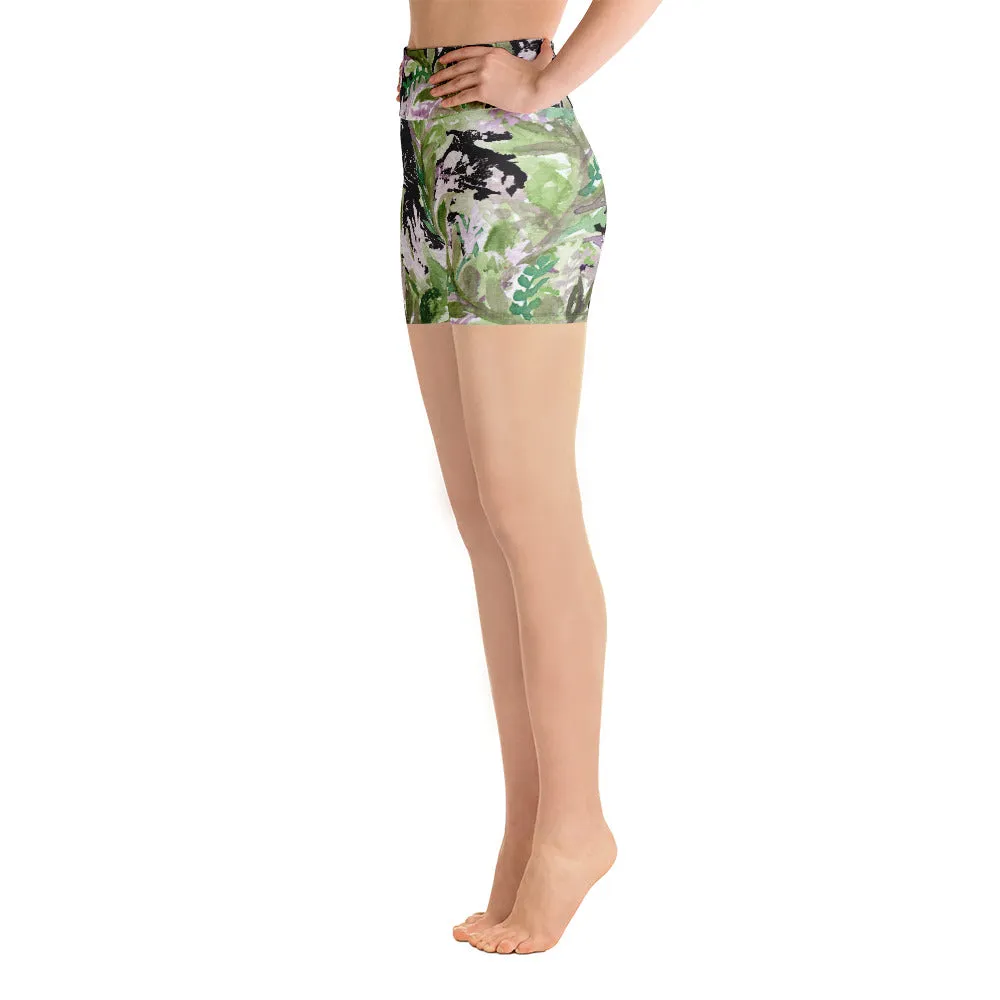 Purple French Lavender Yoga Shorts, Colorful High Waist Floral Flower Print Women's Tights