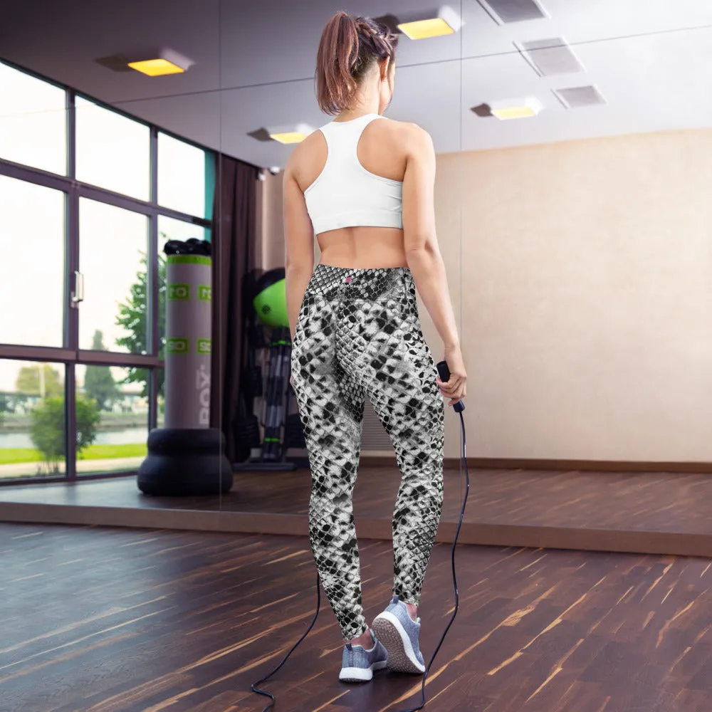 Snake Print Women's Yoga Leggings, Black Grey Snakeskin Print Sports Tights-Made in USA/EU