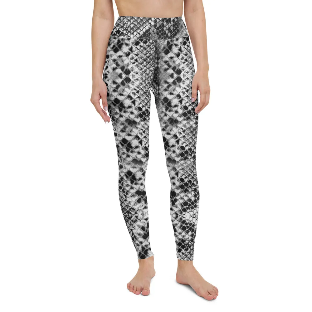 Snake Print Women's Yoga Leggings, Black Grey Snakeskin Print Sports Tights-Made in USA/EU