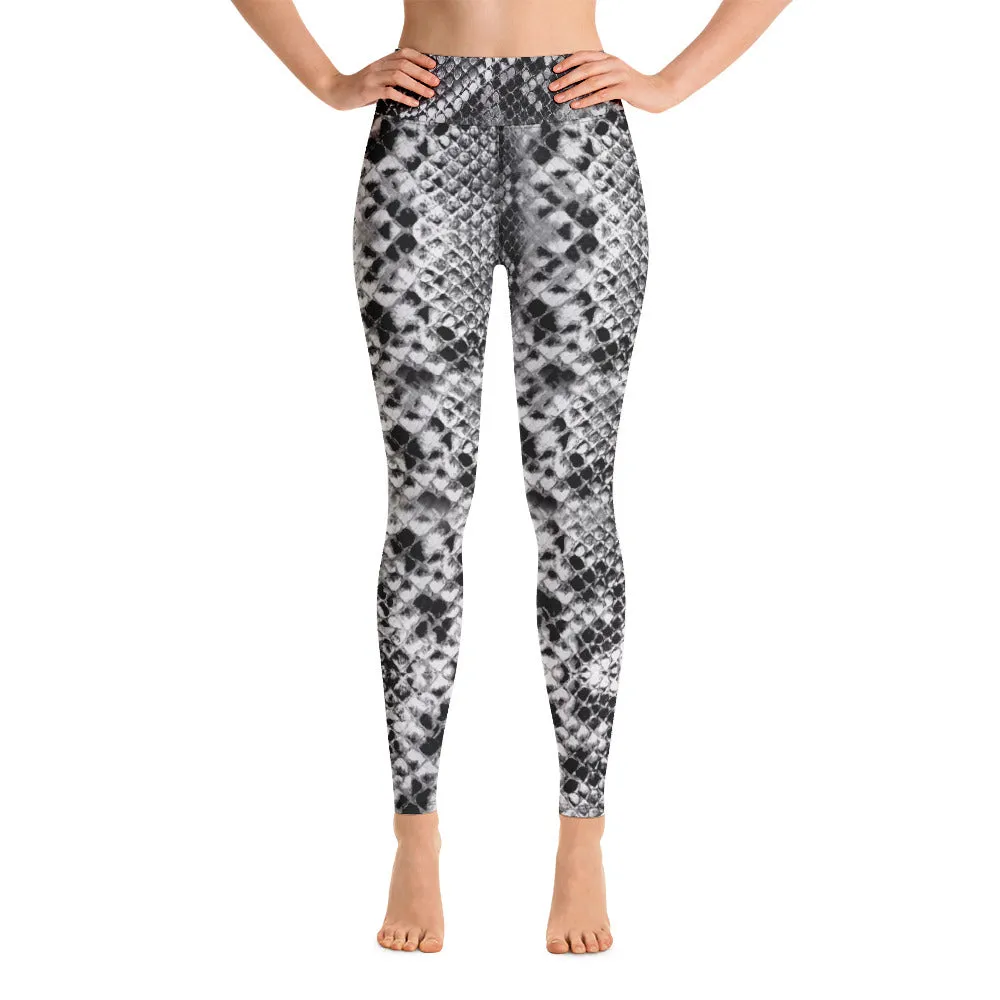 Snake Print Women's Yoga Leggings, Black Grey Snakeskin Print Sports Tights-Made in USA/EU