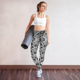 Snake Print Women's Yoga Leggings, Black Grey Snakeskin Print Sports Tights-Made in USA/EU