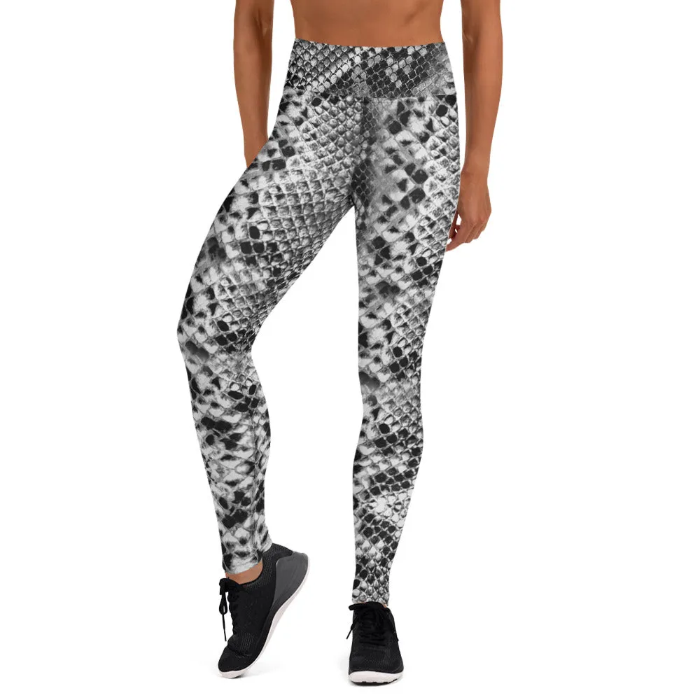 Snake Print Women's Yoga Leggings, Black Grey Snakeskin Print Sports Tights-Made in USA/EU