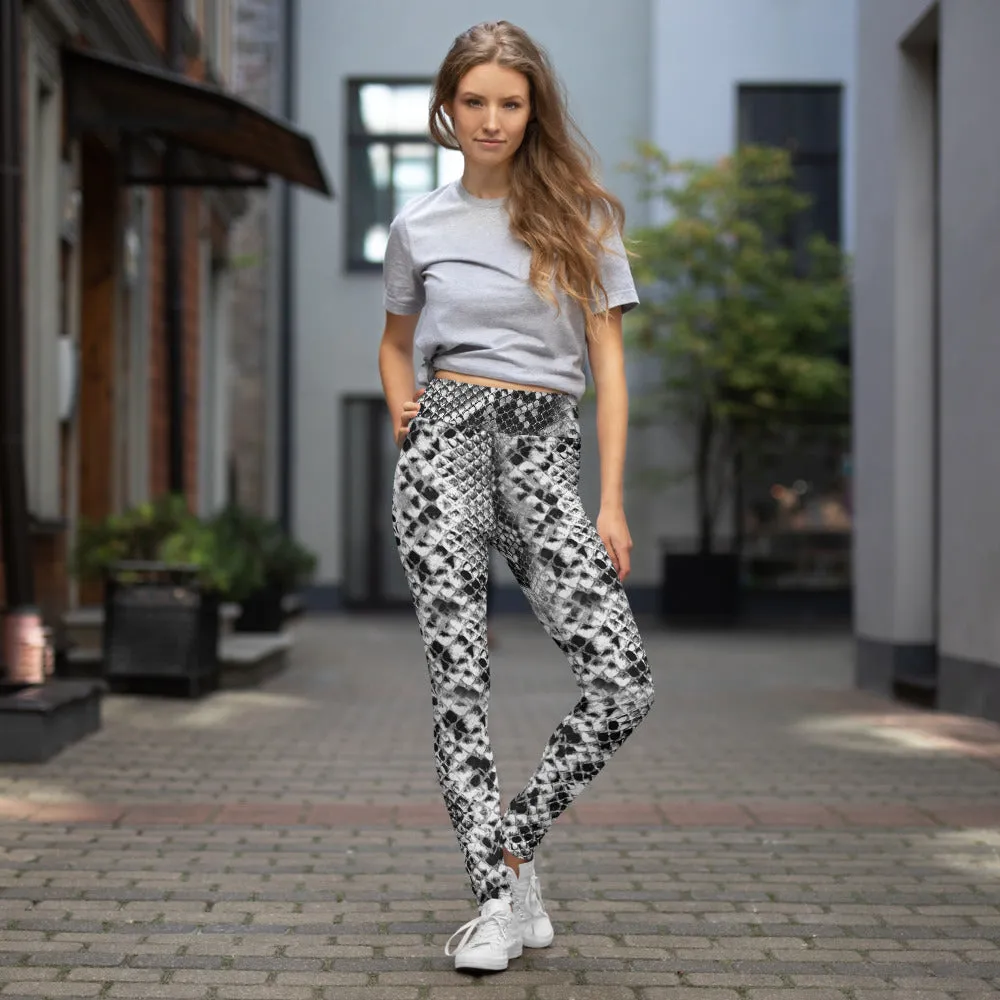 Snake Print Women's Yoga Leggings, Black Grey Snakeskin Print Sports Tights-Made in USA/EU