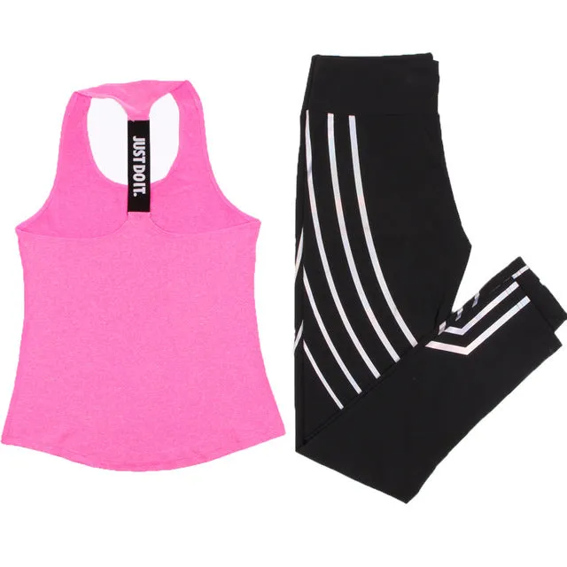 Women Yoga Set Sports Top Vest  Reflective Leggings