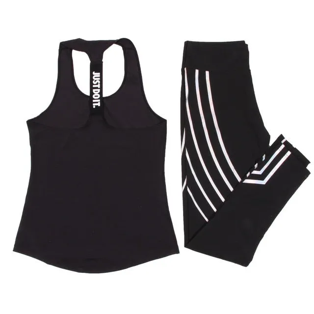 Women Yoga Set Sports Top Vest  Reflective Leggings